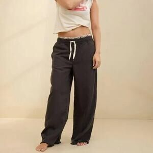 Aerie Soft Landing High Rise Wide Leg Raw Hem Trouser Pants Charcoal Black Large